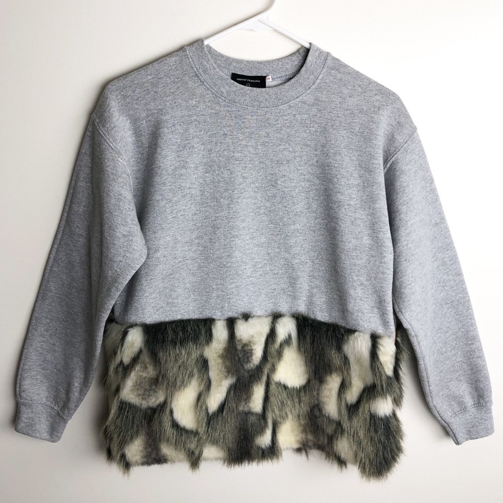HARVEY FAIRCLOTH Gray Faux Fur Side Zipper Sweater